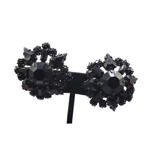 Schreiner New York Runway Style Clip On Earrings Black Rhinestone Cluster VTG - Picture 9 of 16